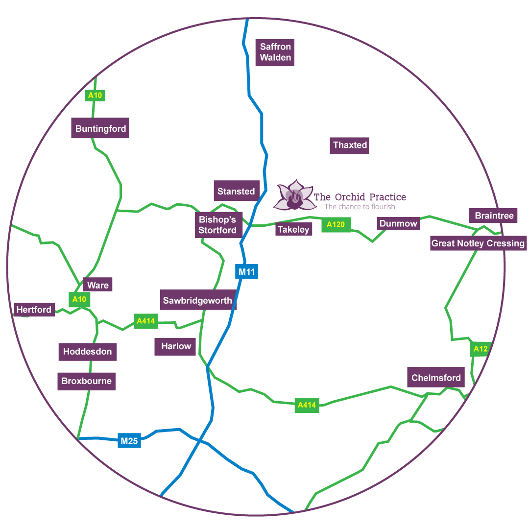 A map of areas around Bishop's Stortford.